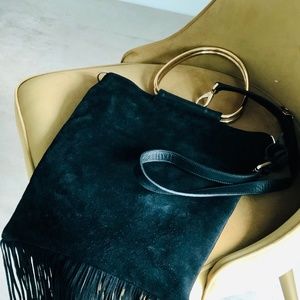 Uterque Black Suede Tote and Handbag with fringes
